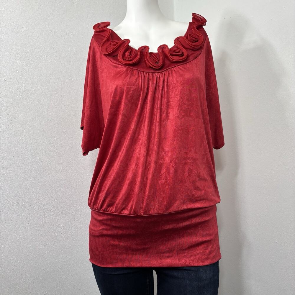 Amywear Red Rosette Top Womens L‎ Romantic Statement Draped Floral Ruffle Y2K
